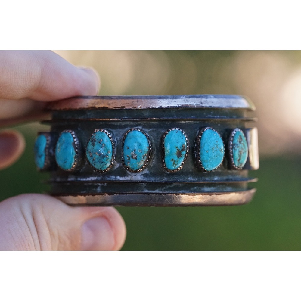 Old Pawn Native American Indian Sterling Silver Turquiose Cuff Bracelet - Row